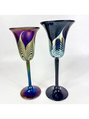 Correia Art Glass Cobalt Black Hand Blown Pulled Feather Wine Goblets set of 2
